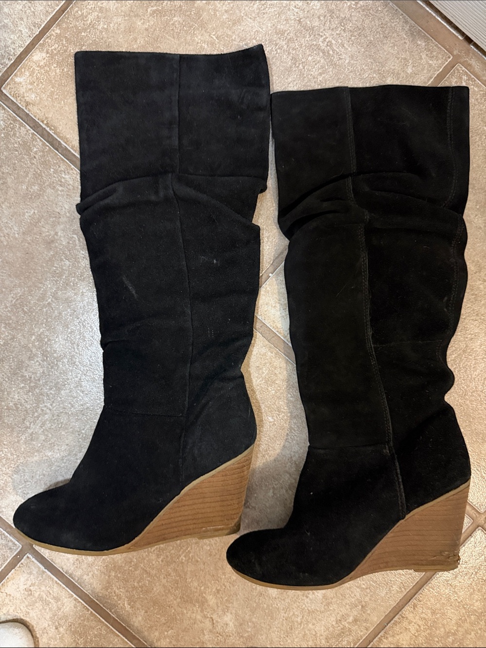 Women’s Black Suede Wedge Knee-High Boots — Comfortable Pull-On Style